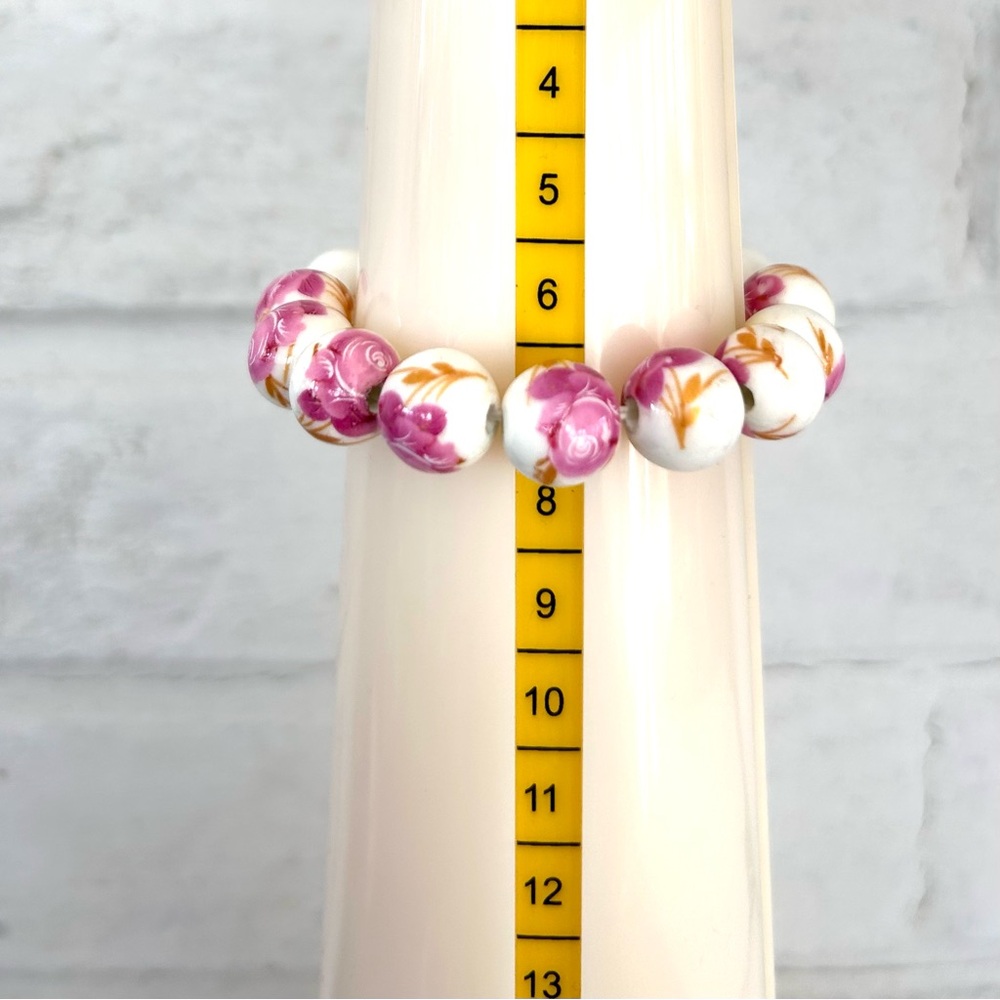 Country Pink Floral Ceramic Beaded Stretch Bracelet - Picture 4 of 4